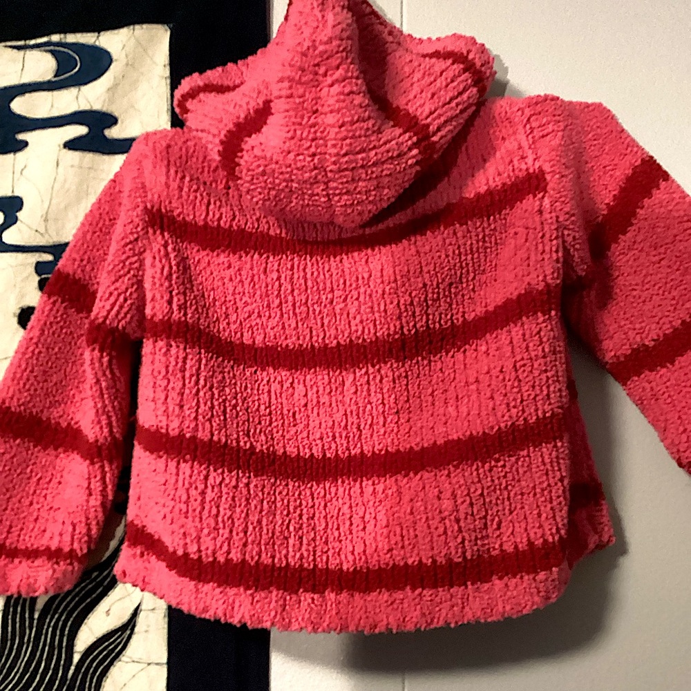 Angel Dear 12-18 months Chenille Hooded Zip up Jacket Pink w/ Red Stripes SOFT